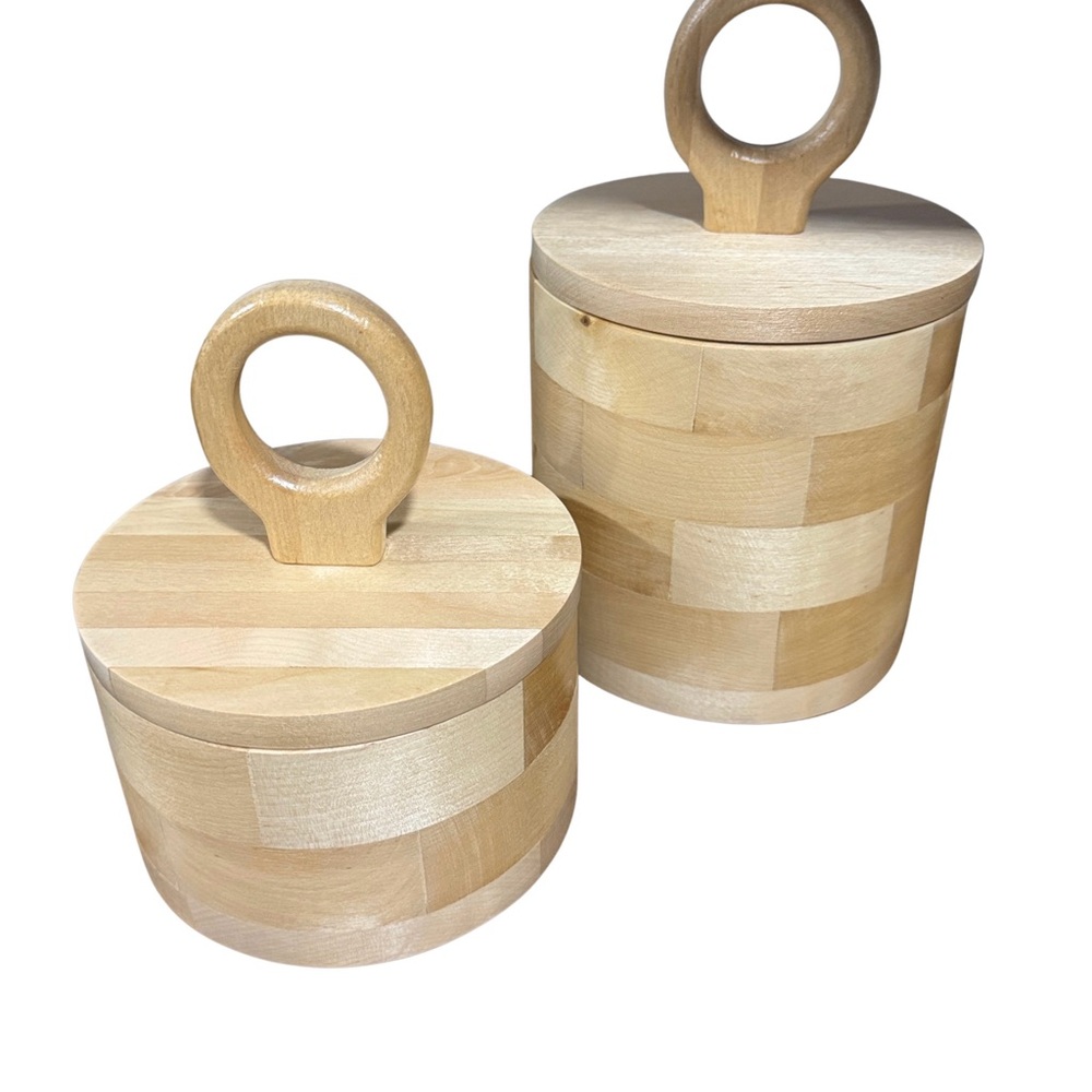 Set of 2 Natural Wood Food Storage Canisters with Lids